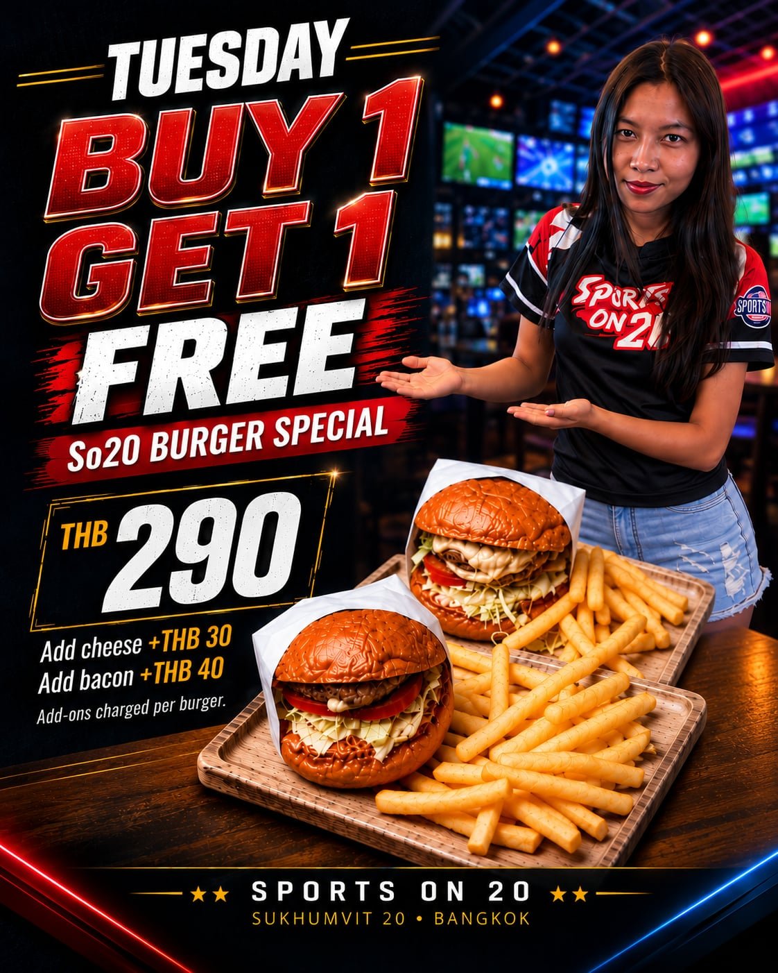 Tuesday Buy 1 Get 1 Free — So20 Burger Special flyer, ฿290 — Sports on 20